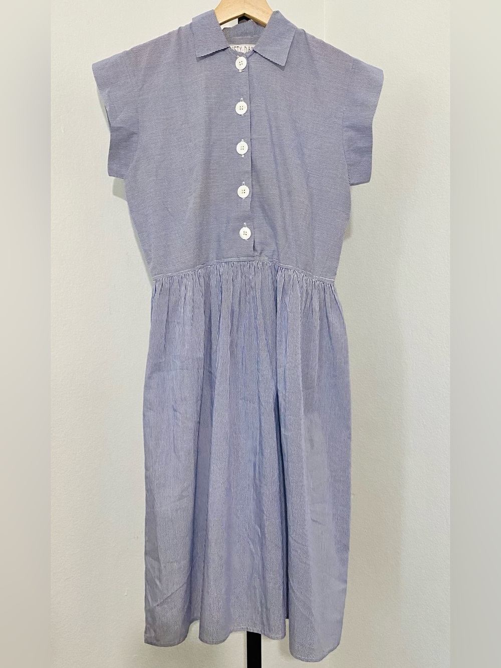 Christy Dawn Piper Blue White Pinstripe Retro Midi Dress Size Small French Girl - Picture 5 of 14